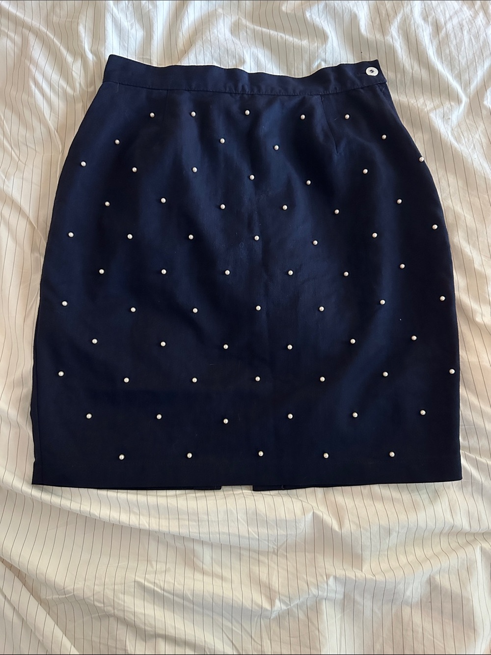 Vintage Tina Hagen - Navy Pearl-Embellished Pencil Skirt - M
